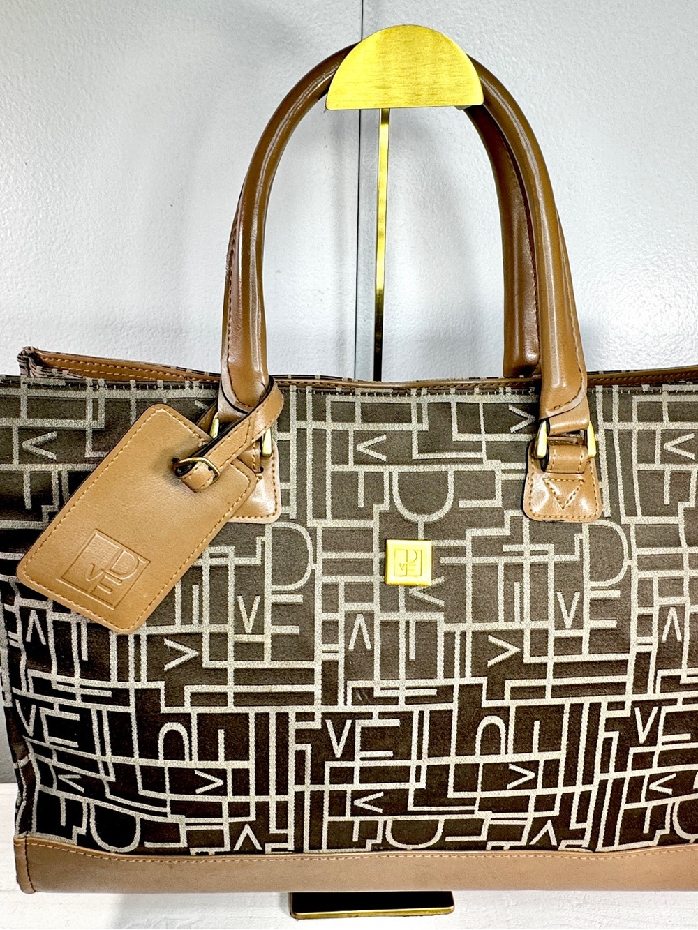 Diane Von Furstenberg DVF Monogram Canvas Tote Bag Brown Tan Large Shoulder Bag